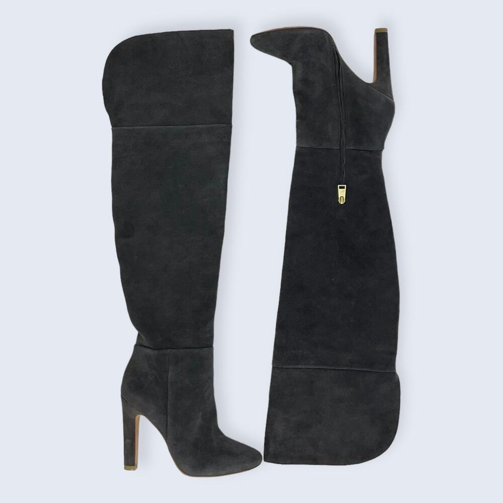 Joie Bentlee Dark Gray Suede Over The Knee Zip 4.25" Thick Heeled Boots 37 7